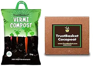 TrustBasket Organic Vermicompost Fertilizer Manure for Plants - 5 KG & Cocopeat Block - Expands to 75 litres of Coco Peat Powder,Brown Combo