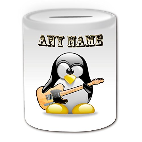 Personalisiertes Geschenk – Elektrische Jazz Gitarre Spardose (Design Pinguin in Kostüm Thema, weiß) – alle Nachricht/Name auf Ihre einzigartige – Musik Musikinstrument