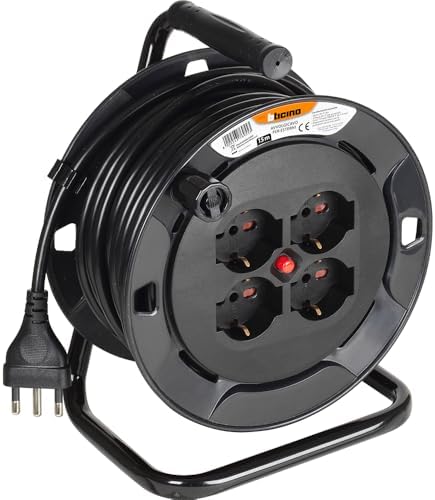 BTICINO Avvolgicavo Elettrico S2615, Prolunga Elettrica 15 Metri, 4 Prese Polivalenti Schuko Bipasso, Spina Grande 16A, Interruttore Termico, Maniglia Ergonomica, Ferma Cavo, Full Black