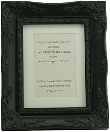 Satin Black Shabby Chic Ornate Swept Vintage Picture Frame with a single mount for a 6" x 4" Photo