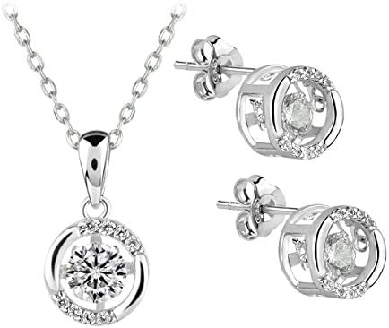 Le Premium® 925 Sterling Silver Jewelry Set Shining Star Round Dancing Diamond Pendant Necklace and Earring Stud with Suspension Craft fixed AAA Crystal Clear Zircon