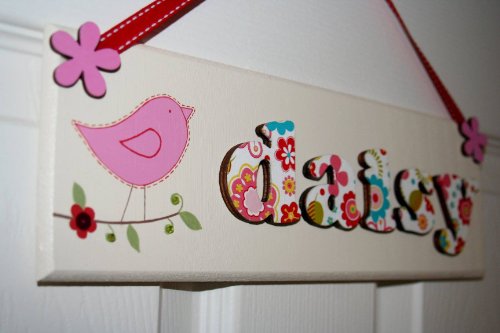 Personalised children's wooden door sign plaque, floral design with hand painted illustration, new baby gift, christening, birthday gift