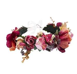 LLinfflr Boho Flower Headband Women Floral Crown Hair Wreath Flower Halo Headpiece with Ribbon Wedding Party Photos Maroon