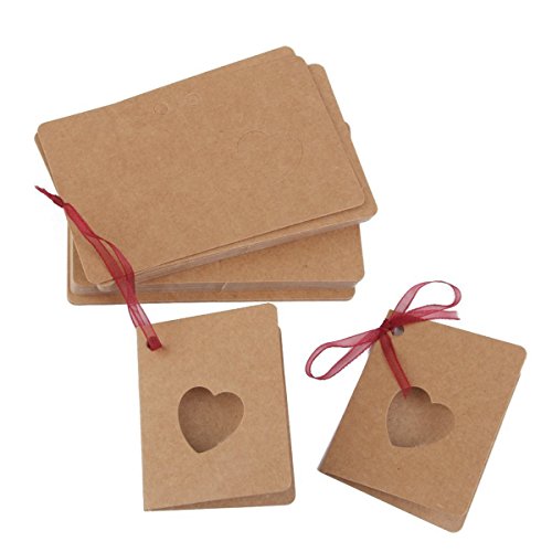 LUOEM Kraftpapier Hang Tag Karte Tag Mit Roten Seil Hohle Herz Lable für Hochzeit Geburtstag Deko Pack of 50 - 2
