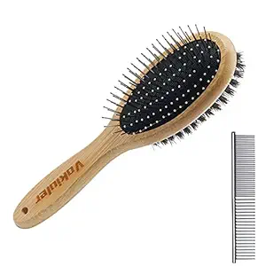 Dog Brush Cat Brush, Vokiuler Double Sided Bristle and Pin Pet Brush for Dog Grooming, Real Boar Bristle Shedding Brush with Bamboo Handle for Long Short Hair, 2 Pack Dog Comb, Black