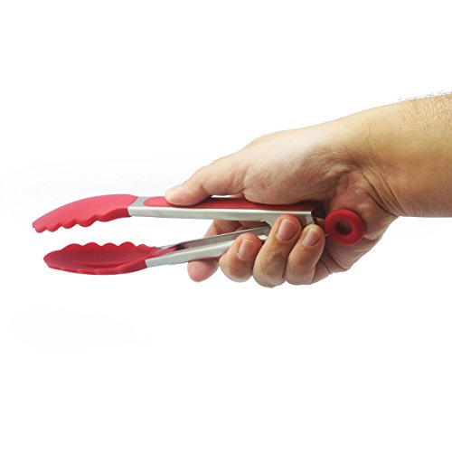 Pixnor Küche aus Edelstahl Essen Zangen mit Silikon-Tipps für BBQ, Kochen und Backofen, Set 3, rot - 4