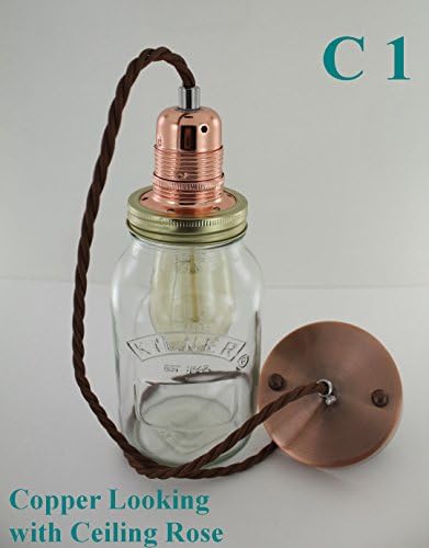 Jam Jar Light Lamp Kilner Vintage Retro Industrial Edison Filament Bulb with Copper Color Ceiling Rose - C 1