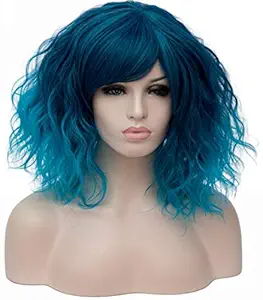 Blue: Oneustar Curly Wigs With Bangs 14 Inches Short Wigs For Women Cosplay Party Wig Synthetic Full Wig For Fancy Dress, Blue
