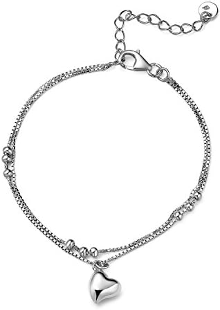 LR Accessory 925 Sterling Silver Heart Drop Charm and Beads Double Strand Bracelet (6.5"), Women Girl Teen Jewelry