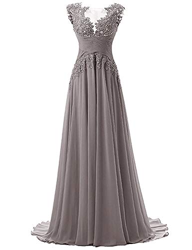 HUINI Abendkleider Lang Empire Applikationen Chiffon A-Linie Schleppe Ballkleider Hochzeit Kleider Grau EUR42