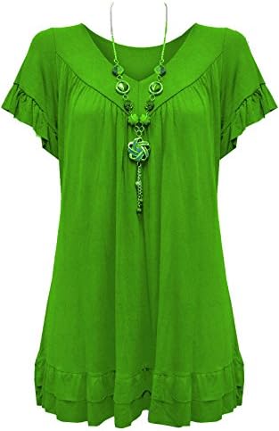 Womens Ladies Plus Size Frill Necklace Gypsy Ladies Tunic Short Sleeve Long V Neck Tops (12-22) (UK SIZE 12-14, sea green )