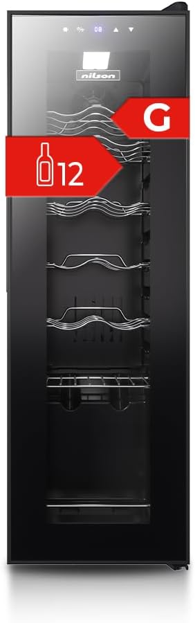 Nilson Vinoteca 12 Botellas Negro, NVN1200S. Cíclica, 44 dB Nivel Sonoro, Zona Única de Temperatura, Pantalla Digital, Luz Interior LED, Puerta Cristal, Apertura Tipo Uñero, Eficiencia Energética G