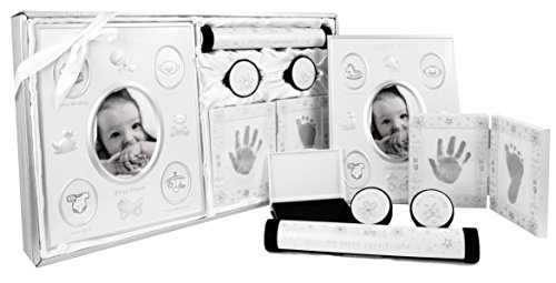 New Baby Unisex Boy Girl Gift 5 Piece Keepsake Set, First Photo Frame, Curl and Tooth Box, Handprint Footprint Prints Kit, Silver White