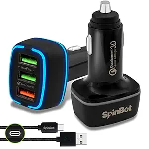 SpinBot ChargeUp 3 Ports 30W Quick Charge 3.0 Fast Car Charger + Braided Type-C USB Cable (Black)