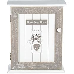 SPOTTED DOG GIFT COMPANY Boîte à Clés Murale en Bois - Murale Porte-clés, Rangement des Clefs avec 6 Crochets, Blanc Gris Motif Chat, Décoration Cuisine, Hall et Maison