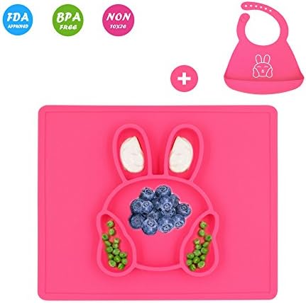 Silicone Placemat Set,Rabbit Silicone Plate &amp; Silicone Bib,100% Food Grade Silicon,BPA Free,Non-Slip,Absolutely Safe,Spend Less Time Cleaning After Meals with Babies,Infants,Toddlers,Kids(Pink)