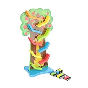 Flick In Wooden Fruit Tree Sliding Vertical Track Set Toy with 3 Gliding Cars and Stand(Multicolor)