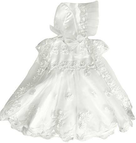 3 Piece Baby Girls Christening Wedding Party Dress Vest Cape Bonnet Hat White Floral Embroidery Lace Baptism Gown (9-12 Months)