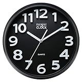 Plumeet 33 cm Große Wanduhr, Nicht tickende Stille Quarz Dekorative Uhren, Moderner Stil Gut für Wohnküche Wohnzimmer Schlafzimmer Büro, Große 3D-Nummer Anzeige, batteriebetrieben (Schwarz)