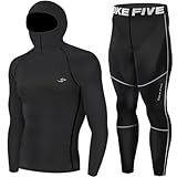 Mens Hoodie Mask Compression Base Layer Skin Tights Top & Pants Black SET