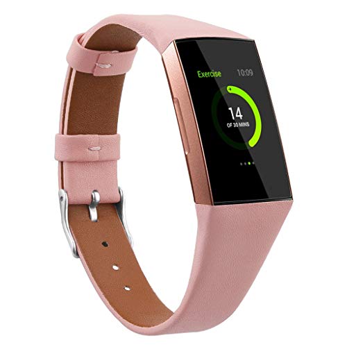 Preisvergleich Produktbild Für Fitbit Charge 3 Armband,MuSheng Luxuriöse Leder armbänder Ersatzzubehör Bracelet Strap Wrist Band für Fitbit Charge 3 Fitness Sport Tracker Damen Herren Small-Large (Rosa)