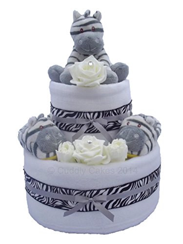 Zebra Two Tier Neutral Unisex Nappy Cake Baby Gift with FREE UK Delivery