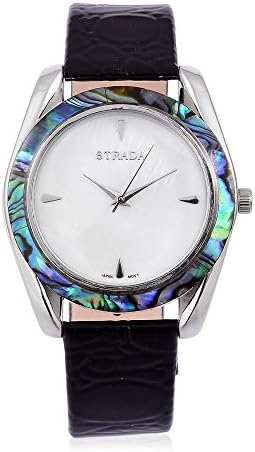 STRADA Japanese Movement MOP Dial with Abalone Shell Bezel Water Resistant Watch in Silver Tone with Stainless Steel Back and Black Colour Strap