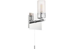 Compact Designer IP44 Rated Bathroom Wall Light Fixture with Tubular Glass Shade in Shiny Polished Chrome | Pull Switch | 1 x 18w G9 Bulb by Happy Homewares