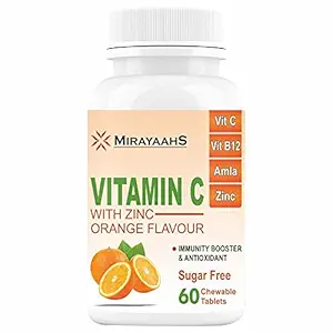 Mirayaahs Vitamin C, B12 and Zinc Supplements For Immunity Antioxidant Skincare Booster Sugar Free Chewable Tablets For Men Women Kids ? 60 (Orange Flavor),Light Brown,Standard