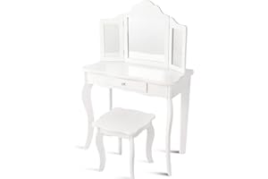 Maxmass Kids Vanity Table and Stool, 2-in-1 Wooden Dressing Table Set with Tri-folding Mirror & Drawer, Girls Makeup Dresser Desk for Children