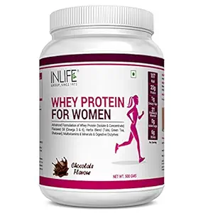 INLIFE Whey Protein Powder for Women Ayurvedic Herbs, 23g Protein, 21 Vitamins Minerals, Omega 3 6, Digestive Enzymes, Hair Skin Nails, Weight Management & Better Metabolism Support (500g, Chocolate)