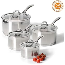 ProCook Professional Steel - Set 4 Casseroles INOX Compatibles Induction - Couvercle Transparent Verre Trempé - Poignée INOX Ergonomique Isolante - Série 4 Pièces