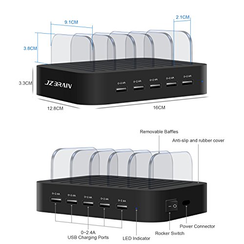 JZBRAIN USB Multi Ladestation fÃ¼r mehrere GerÃ¤te mit Schalter Handy und Tablet Ladestation 5 AnschlÃ¼sse 5 Ports USB - 40W 5V8A Dockingstation fÃ¼r Apple iPhone iPad Samsung Smartphones Handys Tablets, 5 kurze Kabel Inklusive, Schwarz