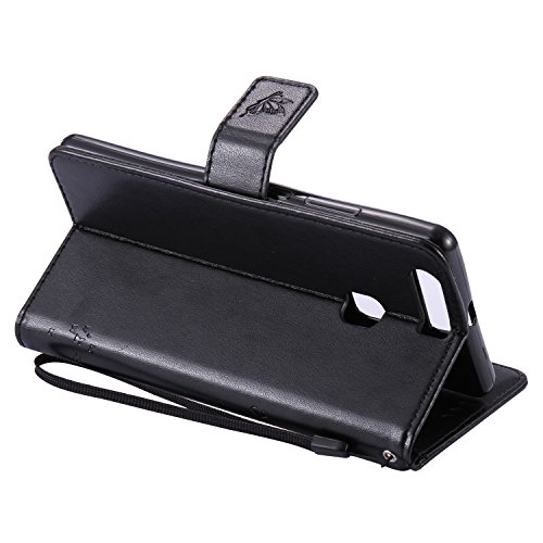 Cozy Hut Mehrfarbige PU Leder Klappe Tasche Schutz Hülle für Huawei P9 Plus in Ölmalerei Stil Colorful Painting Flip Case KunstLedertasche Etui Schutz Hülle Handytasche mit Standfunktion Kartenfächern(Katzen und Baum) – schwarz - 3