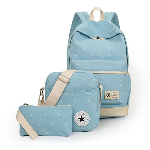 Girls' Canvas School Backpack Set 3 Pieces School Bags Set for Teenage Girls Casual Daypack/Shoulder Bag/Pencil Case (Blue)