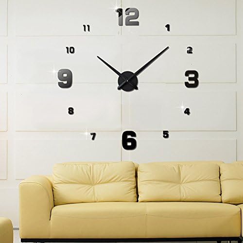 FAS1 Large Wall Clock Modern DIY Big Watch Decals 3D Stickers Mirror Effect Wall Clock Home Office Removable Decoration for Living Room - Black (Battery NOT Included)