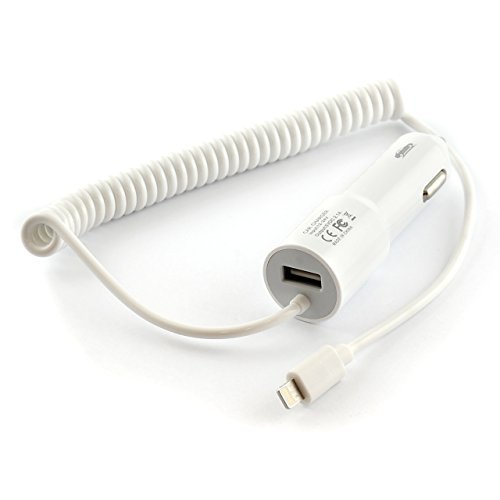 Original iProtect® KFZ-Ladekabel weiß Spiralkabel Ladegerät mit USB-Anschluss Adapter für iPhone 5 5s 5c, iPhone 6, iPhone 6s, iPad mini, iPad mini 2, iPad 4, iPad Air 1+2, iPod Touch 5, iPod 7