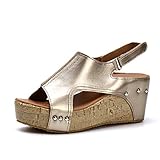  Damen Sandalen Keilabsatz Sommerschuhe Plateau Wedge Schuhe Knöchel Schnalle Peep Toe Elegant High Heels Schwarz Beige Braun Gold Gr.34-43 GD38