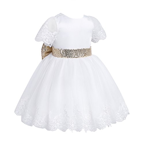 Tiaobug Baby Mädchen Kleid mit Blumen Spitzen und Pailetten Gürtel Schleife Festliche Kleider zur Taufe Hochzeit Geburtstag Festzug Babybekleidung Outfits Weiß 68-74/6-9 Monate - 3