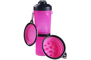 Crea ERCOLE- Borraccia bottiglia portatile per cani e animali domestici a Doppia Camera 2 in 1,con 2 Ciotole Pieghevoli per acqua e cibo,anti soffocamento ad alimentazione lenta (Rosa Slow)