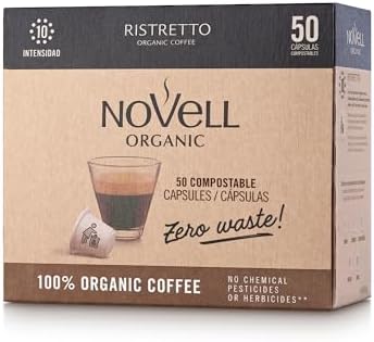 NOVELL - Capsule di caffè Ristretto Residuo 0 50 Unità | Capsule compatibili con Nespresso | Caffè Tostato Intenso | con Note di Cioccolato e Vaniglia | Capsule 100% Compostabili e Ecologiche