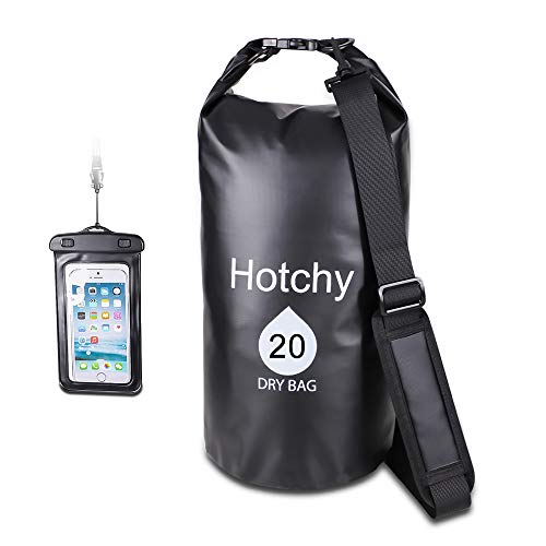 Hotchy Bolsa Estanca 10L 20L Bolsa Seca Impermeable con Waterproof Funda Táctil de Móvil Dry Bag con 2 Acolchadas Correa Ajustable Larga para Pesca Rafting Natación Snowboard (Black, 20L)