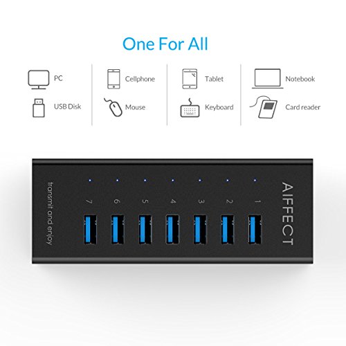 AIFFECT 7 Port USB 3.0 Super-Speed Lade Hub mit Netzteil, BC 1.2 Aufladung- Schwarz - 7