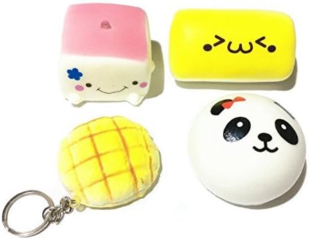 DoTebpa 4 Pack Slow Rise Squishy Charms- Tofu Smiley Face, Loaf, Panda, Melon Pan