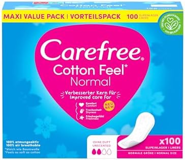 Carefree Salvaslip Cotton Feel Normal senza profumo (100 pezzi), 100% traspirante, dona una sensazione di comfort, secchezza e freschezza, dimensioni normali, confezione da scorte