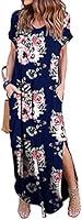 KIDSFORM Women Maxi Dress Floral Side Split Casual Loose Pockets Sundress Short Sleeve Summer Beach T-Shirt Dress