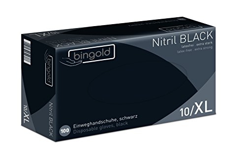 BINGOLD 604238 Nitril Einweghandschuhe, puderfrei, anatomische Passform, CE CAT III, Höhe 63 cm, Größe XL, Schwarz (100 Stücke)