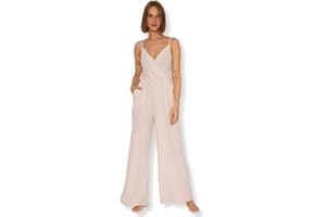 SASSYCLASSY Musselin Jumpsuit Damen Sommer - Hosenanzug Damen elegant mit Taschen - Sommer Outfits Damen - Overall Damen Sommer lang mit V-Ausschnitt und Trägern - Größe XS bis XL