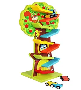 Webby Wooden Fruit Tree Sliding Vertical Track Set Toy with 3 Gliding Cars