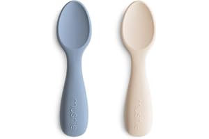 Mushie Łyżki dla niemowląt | BPA-Free Silikonowe Łyżki edukacyjne 2-pak | Trwałe naczynia dla dziecka odporne na zmywarkę | Tradewinds/Shifting Sand